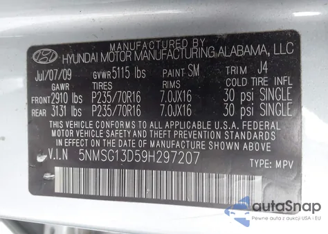 2009 Hyundai Santa Fe Gls z USA, uszkodzony, nr VIN 5NMSG13D59H297207